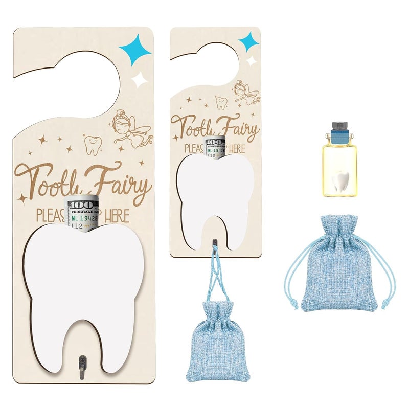 AINBIN Tooth Fairy Door Hanger, Tooth Fairy Tooth Holder Kit with Money Slot Keepsake Bottle Burlap Pouch & Upgrade Night Light, Wooden Encourage Gift for Kids Children Boys Girls Lost Teeth (Blue) - Image 1